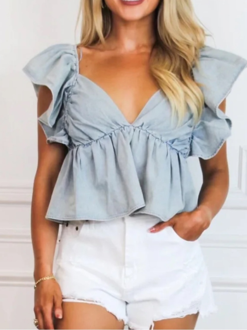 DAY + MOON Light Blue Denim Ruffle V-Neck Peplum Top
